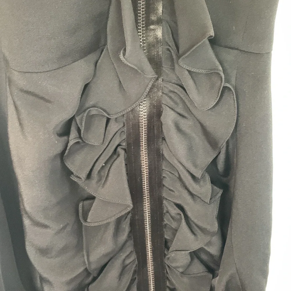 Magaschoni Collection Silk Front Zip Ruffled Black Knee Length Pencil Skirt Sz 8